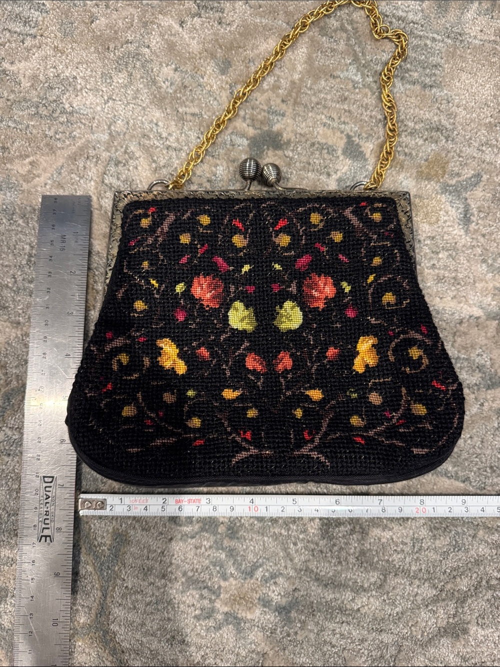 Black Floral Beaded Evening Clutch with Gold Chain